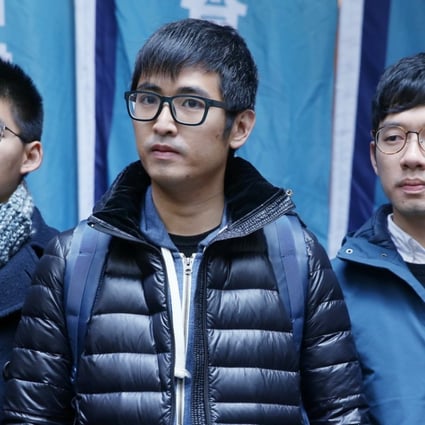 (Left to right): Joshua Wong Chi-fung, Alex Chow Yong-kang; and Nathan Law Kwun-chung outside the Court of Final Appeal in Central. Photo: Sam Tsang