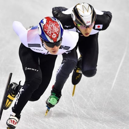 Japan's Kei Saito (right) and South Korea's Seo Yira take part in the men's 1,500m short-track speedskating heat event during the Pyeongchang 2018 Winter Olympic Games on Saturday. On Monday Saito was discovered to have been doping, sources said. File photo: AFP
