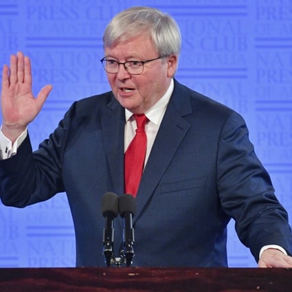 Former Australian prime minister Kevin Rudd speaking at the National Press Club in Canberra on Monday, February 12, 2018. Photo: AP