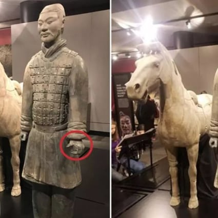 The ancient Chinese terracotta warrior before and after its left thumb is removed while on display at a museum in the US city of Philadelphia. Photo: Peopleapp.com
