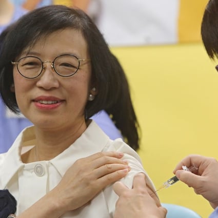 Hong Kong Secretary for Food and Health Sophia Chan receives a vaccination in October during a visit to the Shau Kei Wan Jockey Club General Outpatient Clinic while checking the progress on the implementation of the government vaccination programme for 2017-18. Photo: Sam Tsang