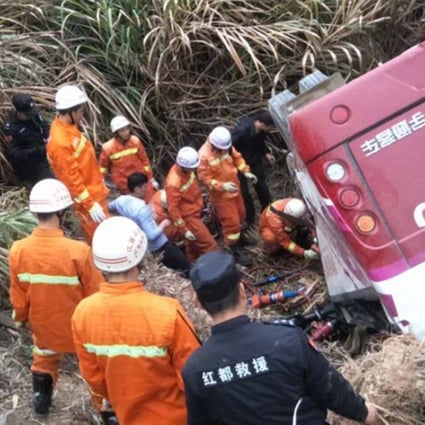 At least 11 people died after an overloaded light bus plunged into a roadside ditch in Ganzhou, eastern China’s Jiangxi province. Photo: Weibo