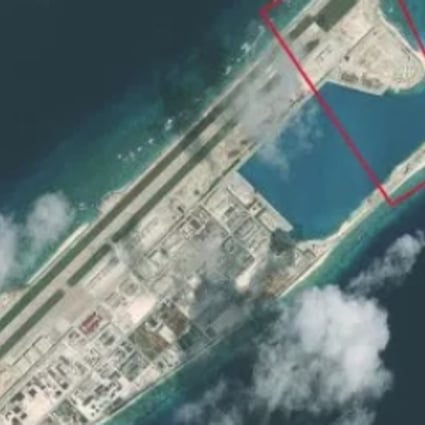 A large communications/sensor array was completed on Fiery Cross Reef last year, the Washington-based Asia Maritime Transparency Initiative says. Photo: CSIS Asia Maritime Transparency Initiative/DigitalGlobe