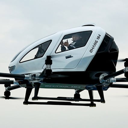 An Ehang executive gives the thumbs up during a manned flight of the passenger drone earlier this month. Photo: Handout