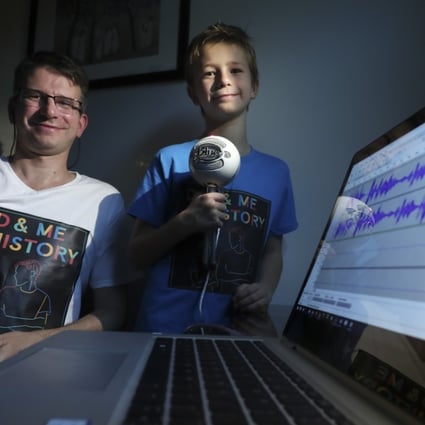 History teacher and podcaster Paul Letters and his son James with their recording equipment. Picture: Jonathan Wong
