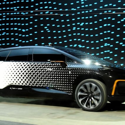 Faraday Future’s FF 91 prototype electric crossover vehicle is unveiled at CES 2017 in Las Vegas on January 3. Photo: AFP