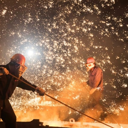 Labourers at work at a steel plant in Shandong province, China, last July. The US is considering a steep tariff on Chinese steel imports as part of President Donald Trump’s America First policy. Photo: Reuters