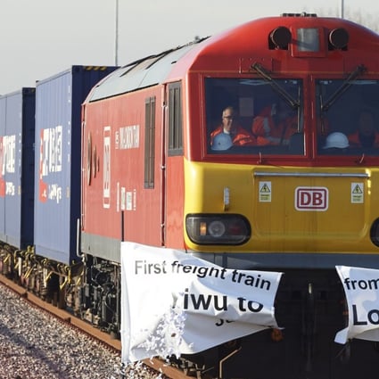 A freight train transporting containers laden with goods from China, arrives at DB Cargo's London Eurohub rail freight depot in Barking, East London, after travelling from Yiwu in the eastern Chinese province of Zhejiang. Photo: AFP