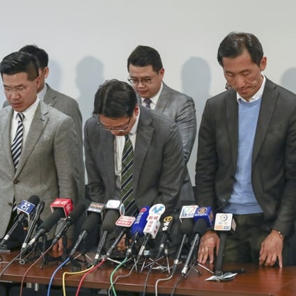 (front left to right): Eddie Chu Hoi-dick; Gary Fan Kwok-wai (who won the New Territories East constituency); Charles Peter Mok; Edward Yiu Chung-yim; and Alvin Yeung Ngok-kiu, at the Legislative Council by-election press conference. Photo: Nora Tam