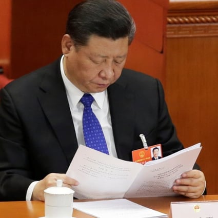 President Xi Jinping reads a report at the annual meeting of the National People's Congress at the Great Hall of the People in Beijing on Thursday. Photo: Reuters