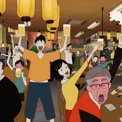 The character Otome (centre, in bright yellow, voiced by Kana Hanazawa) in Night Is Short, Walk on Girl (category IIA, Japanese), directed by Masaaki Yuasa and also starring the voice of Gen Hoshino.