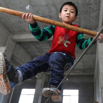 Balancing act: A five-year-old learns how to tightrope walk in Sichuan province. The Shanghai Composite Index has been tiptoeing along dividing line between bulls and bears for the past month. Photo: XinhuaPhoto: ChinaFotoPress
