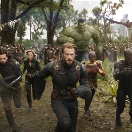 Chris Evans (front) leads his crew in a still from Avengers: Infinity War.
