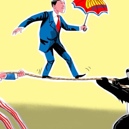 The goal for many nations is to maximise the economic benefit of China’s rise while retaining the benefits of US security protection. But the balancing act required to reach this goal is becoming more like a tightrope walk. Illustration: Craig Stephens