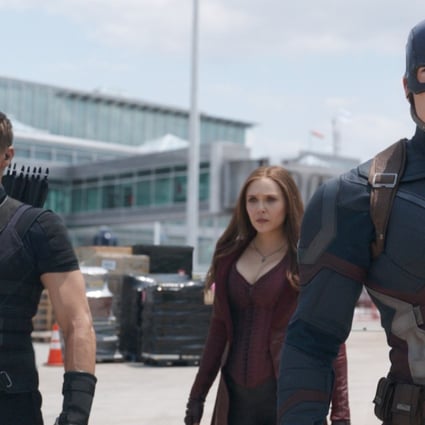 Hawkeye/Clint Barton (left), played by Jeremy Renner, with Scarlet Witch/Wanda Maximoff (Elizabeth Olsen) and Captain America/Steve Rogers (Chris Evans) in a scene from Marvel’s Captain America: Civil War. Photo: Marvel 2016