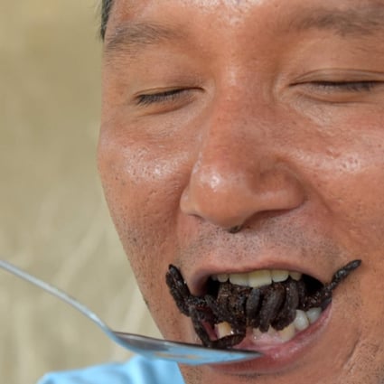A Cambodian guide eating a fried tarantula at Skun in Kampong Cham province. Photo: AFP
