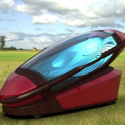 The controversial suicide pod called the ‘Sarco’ comes with a detachable coffin, mounted on a stand that contains a nitrogen canister. Photo: Exit International 