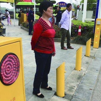 The short bollards that spray water fitted at a pedestrian crossing in Daye. Photo: Weibo