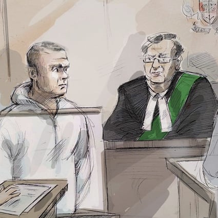 In this courtroom sketch, Duty counsel Georgia Koulis, from left, Alek Minassian, Justice of the Peace Stephen Waisberg and Crown prosecutor Joe Callaghan appear in court in Toronto on Tuesday. Artwork: AP
