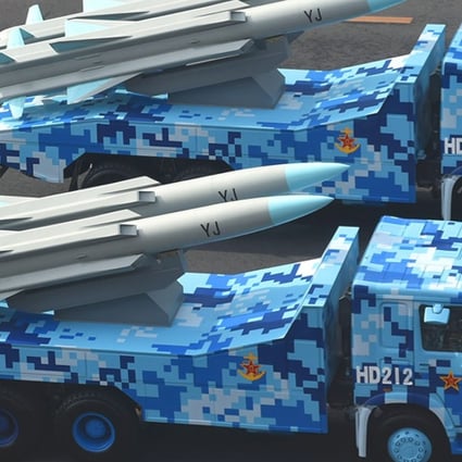 Chinese YJ-12 anti-ship cruise missiles seen in a military parade. China is said to have moved missiles to the Spratly Islands within the past 30 days. Photo: Handout