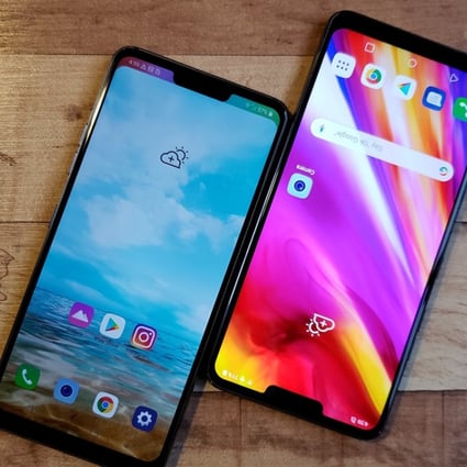 Two LG G7s next to each other. The device has a 6.1-inch LCD display with a notch at the top that houses an 8-megapixel selfie camera, earpiece and proximity sensor. Photo: Ben Sin