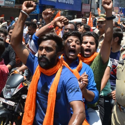 Hindu activists protest outside a mosque in Amritsar in July 2017, following an attack on Hindu pilgrims in Kashmir, the country’s only Muslim-majority state. Picture: AFP