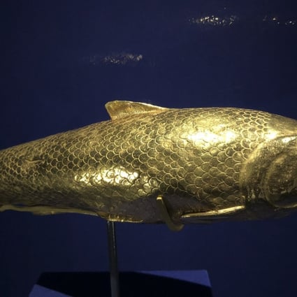A fish-shaped gold flask for perfumed oil from Tajikistan made 2,400-plus years ago is part of the exhibition Age of Luxury – the Assyrians to Alexander at the Hong Kong Museum of History. Photo: Enid Tsui