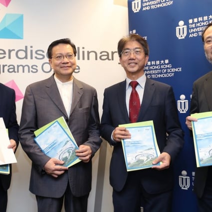 Professor Wu Xun (far left), Professor Anthony Cheung Bing-leung, Professor Joseph Lee Hun-wei, and Professor Chow King-lau at the release of the first public policy report on innovation and technology development in the Greater Bay Area. Photo: Winson Wong