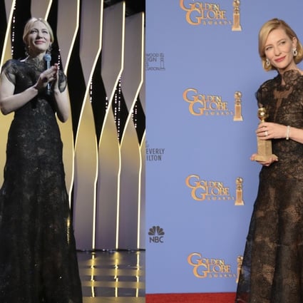 Cate Blanchett at the opening ceremony of this year’s Cannes Film Festival (left) and at the Golden Globes awards in 2014. Photo: AFP