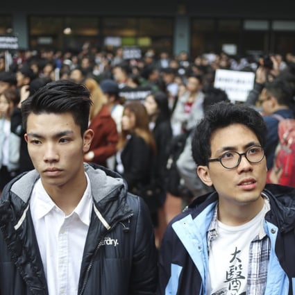 Baptist University student Lau Tsz-kei (left) did not protest the school’s disciplinary decision, but Andrew Chan Lok-hang (right) did. His appeal was rejected. Photo: Winson Wong