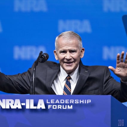 Retired US Marine Corps Lieutenant Colonel Oliver North speaks during the NRA annual meeting in Dallas on May 4, 2018. Photo: Bloomberg