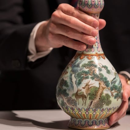A rare imperial Qianlong porcelain vase, displayed at Sotheby’s in Paris on Tuesday. Photo: AFP 