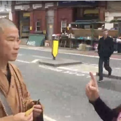 Actress-turned-lawyer Mary Jean Reimer (right) confronting a fake monk on the streets of in London. Photo: Facebook / Buddhist Alert (International) / Mary Jean Reimer