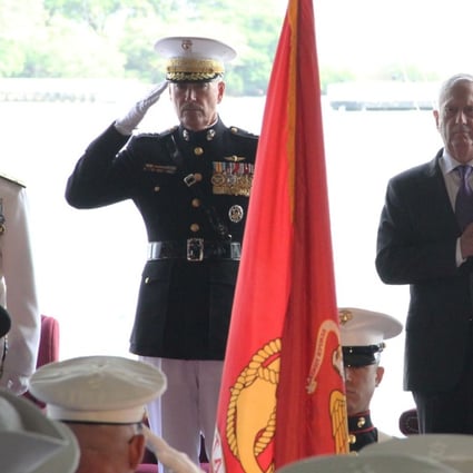 (From left) Admiral Harry Harris, General Joe Dunford, chairman of the Joint Chiefs of Staff, and US Defence Secretary Jim Mattis attend the change of command ceremony in Pearl Harbour on Wednesday. Photo: AFP