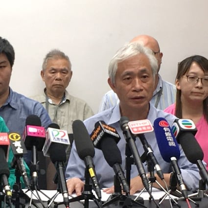 Veteran lawmaker Leung Yiu-chung (right) holds a press conference to address issues of infighting and money problems within his group. Photo: Alvin Lum