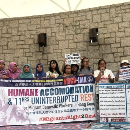The Asian Migrants’ Coordinating Body launched a campaign on Sunday demanding the government make it compulsory for employers to give their workers 11 hours of uninterrupted rest. Photo. Handout