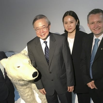 Amos Tai (far left), assistant professor at Chinese University’s Earth System Science Programme, Gabriel Lau, co-director of the new CUHK – University of Exeter Joint Centre for Environmental Sustainability and Resilience (Ensure), Professor Emily Chan, assistant dean (development) at CUHK Faculty of Medicine, and Gavin Shaddick, co-director of Ensure, pose next to a mock polar bear at the Jockey Club Museum of Climate Change, at Chinese University, Sha Tin. Photo: Handout