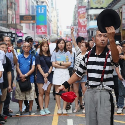 Street performer Andrew So, aka Mr Funny, performs at Sai Yeung Choi Street South in Mong Kok on June 3. Photo: K.Y. Cheng