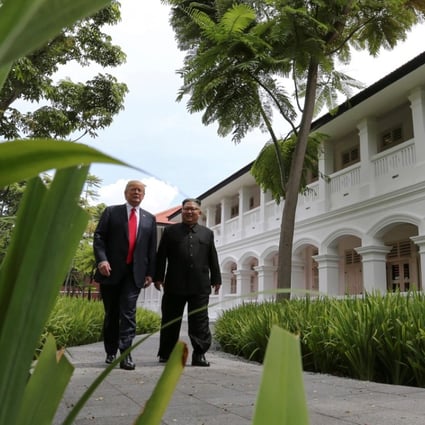 US President Donald Trump and North Korea's leader Kim Jong-un at the Capella Hotel on the resort island of Sentosa, Singapore. Photo: Reuters