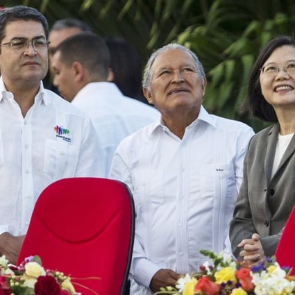 (From left) Honduran leader Juan Orlando Hernandez, El Salvador’s Salvador Sanchez Ceren and Taiwan’s President Tsai Ing-wen at Daniel Ortega’s inauguration ceremony for his third term as Nicaraguan president in January last year. All three countries have diplomatic ties with Taipei. Photo: EPA