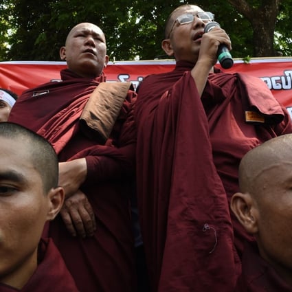Monks belonging to the hardline Buddhist group MaBaTha rally outside the US embassy in Yangon. Photo: AFP