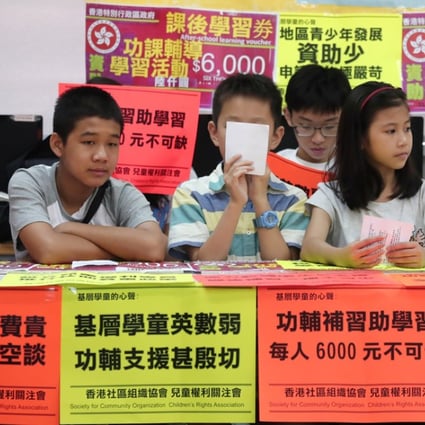 (from left to right): Lau Ka-kei, Lau Ka-po, Chan Fun-tim, Alice Yeung and Wong Chi-yuen, at the Society for Community Organisation press conference on child poverty in Hong Kong. Photo: Jonathan Wong