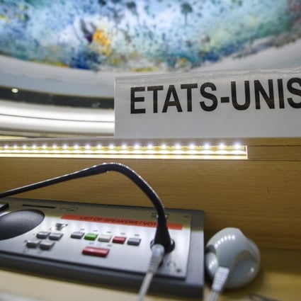 The US name plate in French seen at the UN headquarters in Geneva a day after Trump pulled out of the UN Human Rights Council. Photo: EPA-EFE
