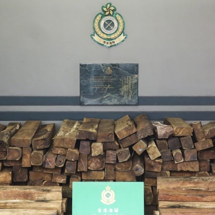 The 29 tonnes of endangered wood is estimated to be worth HK$1.15 million. Photo: Hong Kong Customs & Excise Department