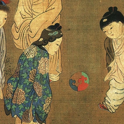 A Song dynasty painting shows children playing with a ball.