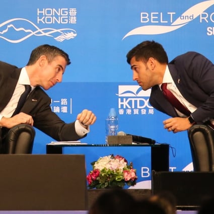 James Cameron, (left) co-head of infrastructure and real estate group for Asia-Pacific at HSBC, and Tim Warren, head of credit lines for Asia-Pacific at Zurich Insurance, at the Belt and Road summit in Hoong Kong on Thursday. Photo: David Wong