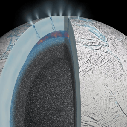 Saturn's moon Enceladus sprays saltwater into space from a hidden ocean. NASA's Cassini probe in 2015 "tasted" organic molecules in the water while flying through the icy plume. Photo: NASA/JPL-Caltech