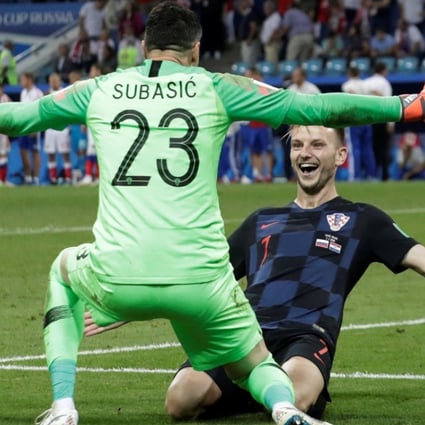 Croatia's Ivan Rakitic celebrates with Danijel Subasic after winning the penalty shoot-out. Photo: Reuters