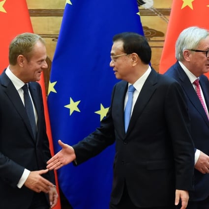 Chinese Premier Li Keqiang with European Council President Donald Tusk (left) and European Commission President Jean-Claude Juncker (right) at the 20th EU-China summit in Beijing on Monday. Photo: AFP