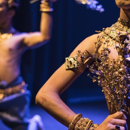 Dancers from Prumsodun Ok & Natyarasa perform the Dance of Gold and Silver Flowers in Phnom Penh, Cambodia. Photo: Enric Catala
